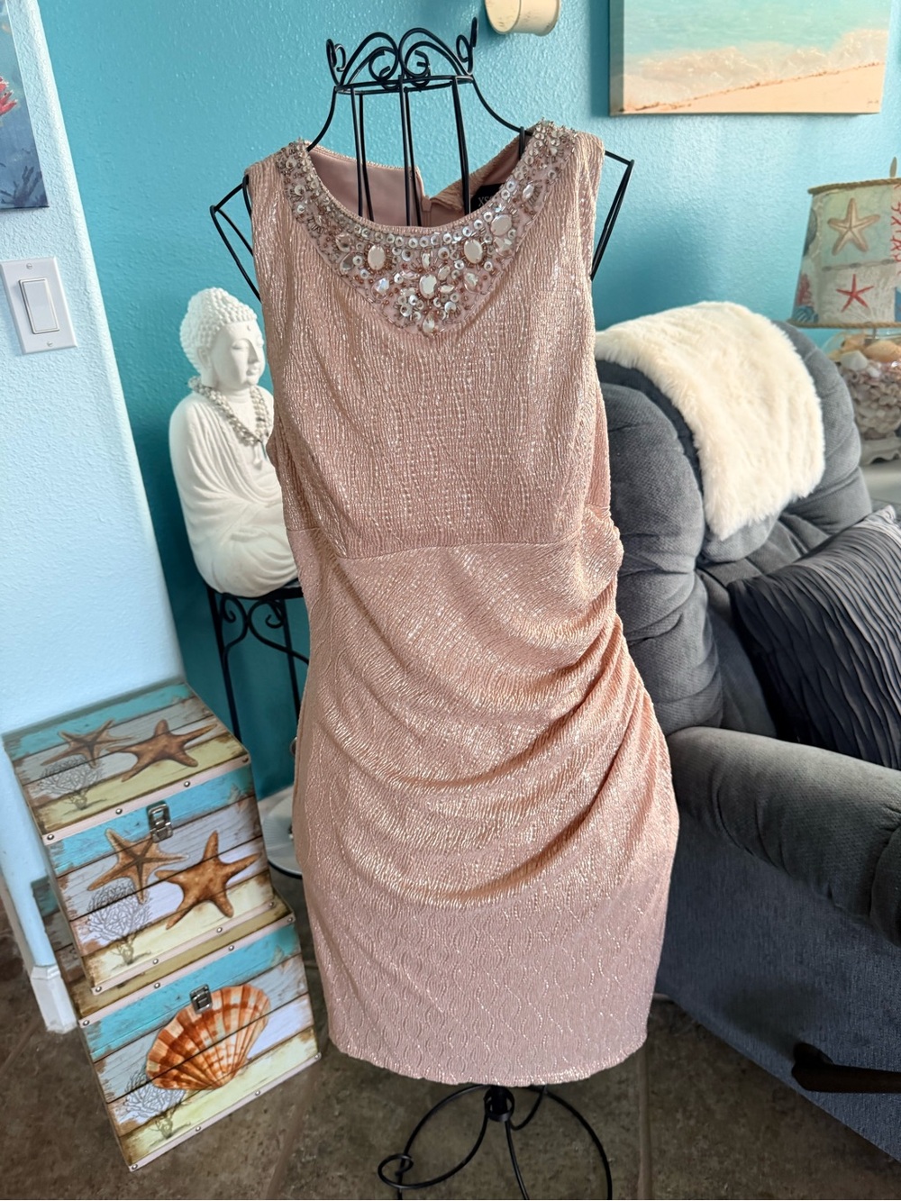 Xscape Shimmering Embellished Dress in Cream
